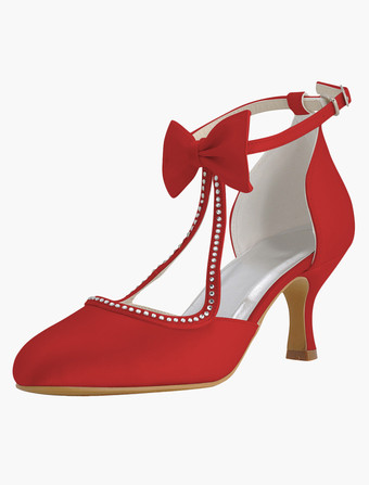 レッド ホワイト　ウェディングシューズ　2026　サテン　ポインテッドトゥ　リボン　ブライダルシューズ　ヴィンテージ　ウェディングシューズ