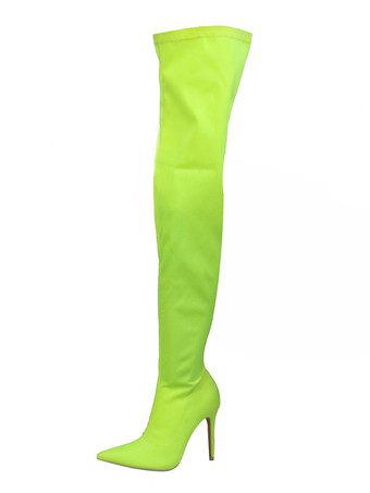 グリーン 腿の高いブーツ レディース伸縮性のあるファブリック ポインテッドトゥ スティレット ヒール オーバー ザ ニー ブーツ