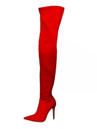 腿の高いブーツ レディース伸縮性のあるファブリック ポインテッドトゥ スティレット ヒール オーバー ザ ニー ブーツ