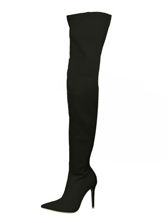 ブラック 腿の高いブーツ レディース伸縮性のあるファブリック ポインテッドトゥ スティレット ヒール オーバー ザ ニー ブーツ
