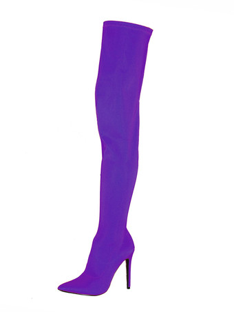 パープル 腿の高いブーツ レディース伸縮性のあるファブリック ポインテッドトゥ スティレット ヒール オーバー ザ ニー ブーツ