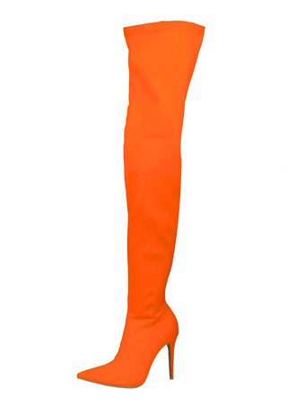 腿の高いブーツ レディース伸縮性のあるファブリック ポインテッドトゥ スティレット ヒール オーバー ザ ニー ブーツ