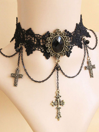 ゴシックロリータチョーカークロスチェーンレースブラックロリータネックレス