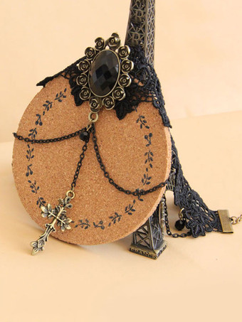 ゴシックロリータチョーカークロスチェーンレースブラックロリータネックレス