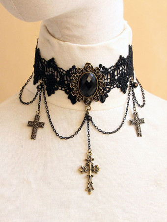 ゴシックロリータチョーカークロスチェーンレースブラックロリータネックレス