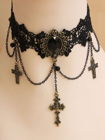 ゴシックロリータチョーカークロスチェーンレースブラックロリータネックレス