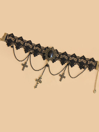 ゴシックロリータチョーカークロスチェーンレースブラックロリータネックレス