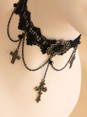 ゴシックロリータチョーカークロスチェーンレースブラックロリータネックレス