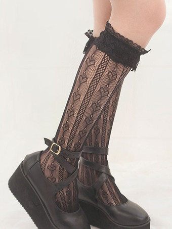 ロリータストッキング 弓フリルレース ソックス コットンロリータアクセサリー 黒