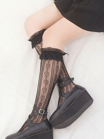 Nero Lolita Stocking Bows Ruffles Lace Socks Accessori Lolita in cotone
