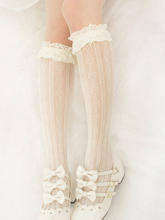 ロリータストッキング 弓フリルレース ソックス コットンロリータアクセサリー 黒
