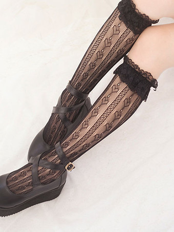 ブラック ロリータストッキング 弓フリルレース ソックス コットンロリータアクセサリー 黒