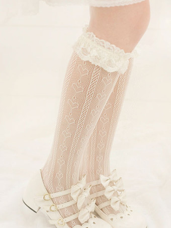 ロリータストッキング 弓フリルレース ソックス コットンロリータアクセサリー 黒