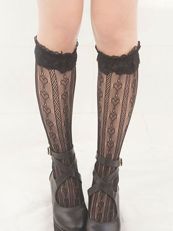 ロリータストッキング 弓フリルレース ソックス コットンロリータアクセサリー 黒