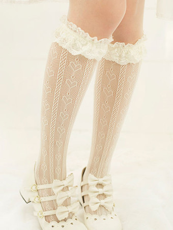 ロリータストッキング 弓フリルレース ソックス コットンロリータアクセサリー 黒