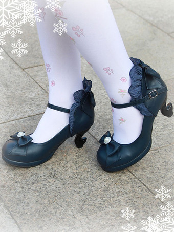 ディープブルークラシックロリータポンプボウストラップフリルPUディープブルーロリータシューズ