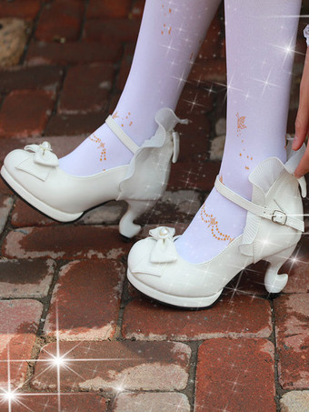 ホワイト クラシックロリータポンプボウストラップフリルPUディープブルーロリータシューズ