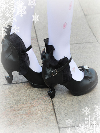 クラシックロリータポンプボウストラップフリルPUディープブルーロリータシューズ