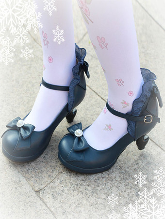 クラシックロリータポンプボウストラップフリルPUディープブルーロリータシューズ
