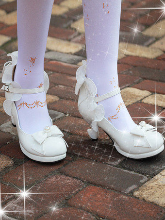 クラシックロリータポンプボウストラップフリルPUディープブルーロリータシューズ