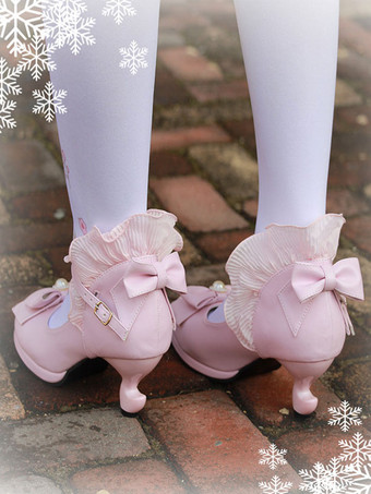 クラシックロリータポンプボウストラップフリルPUディープブルーロリータシューズ