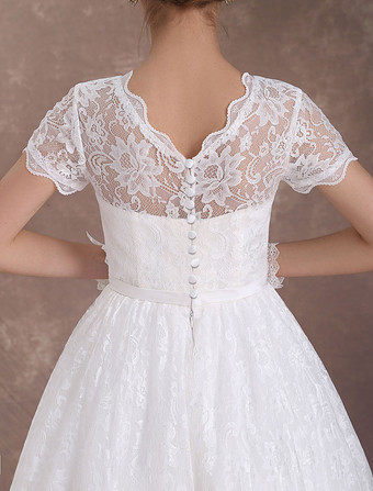 Robe mariée vintage manche courte en dentelle longueur au-dessous de genou doublure en satin boutonné sur dos robe de mariée ivoire