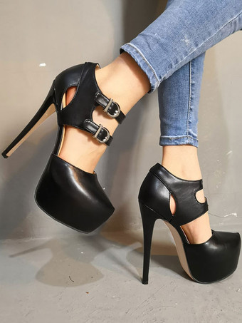Black High Heels Women Sexy Shoes Platform Buckle Detail Sky High Pumps