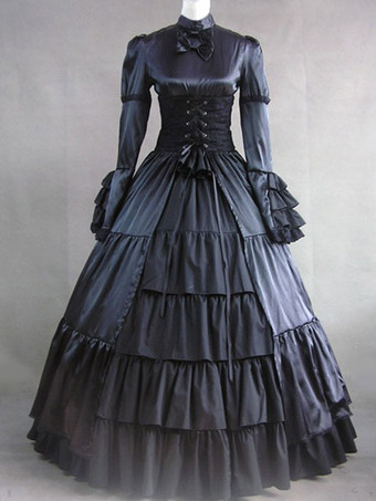 Vestido vitoriano traje de baile vestido de cetim preto plissado mangas compridas roupas era vitoriana trajes retrô halloween