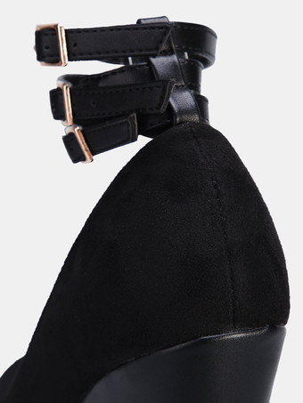 ブラックウエッジシューズ　2025　スウェード　ピートゥ　アンクルストラップパンプス　女性セクシーなシューズ