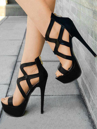 Sandales sexy noir en PU croisé Chaussures femme talon haut