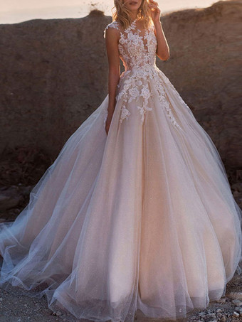 Wedding Dresses 2024 Princess Silhouette Jewel Neck Sleeveless Lace Soft Pink Tulle Bridal Gowns