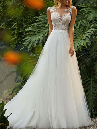 Wedding Dresses 2024 A Line Illusion Neck Sleeveless Floor Length Lace Beaded Tulle Boho Bridal Gowns