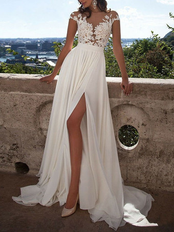Свадебное платье Boho 2024 A Line V-образным вырезом без рукавов с разрезом и кружевом Аппликация Пляжные свадебные платья с шлейфом развертки