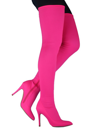 ピンク腿の高いブーツ レディース伸縮性のあるファブリック ポインテッドトゥ スティレット ヒール オーバー ザ ニー ブーツ