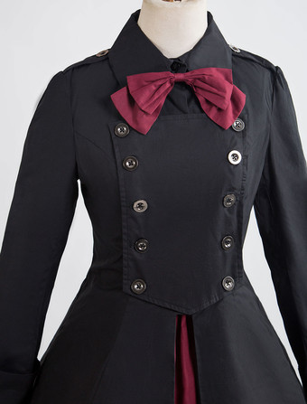 ゴスロリ軍服ドレス OP コットン ダブルブレスト ボタン 長袖 リボン　アイドル衣装 フリル 制服ワンピースブラック