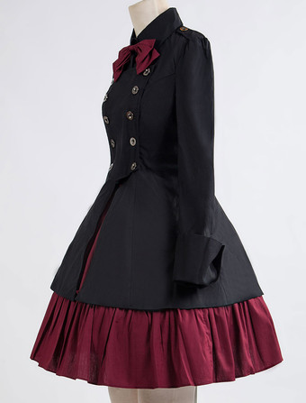 ゴスロリ軍服ドレス OP コットン ダブルブレスト ボタン 長袖 リボン　アイドル衣装 フリル 制服ワンピースブラック