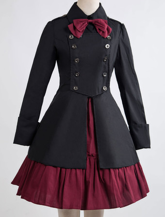 ゴスロリ軍服ドレス OP コットン ダブルブレスト ボタン 長袖 リボン　アイドル衣装 フリル 制服ワンピースブラック