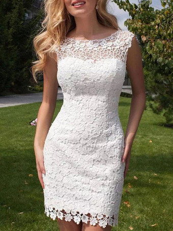 Short Wedding Dress 2024 Lace Jewel Neck Sleeveless Bridal Gowns With Panel Train