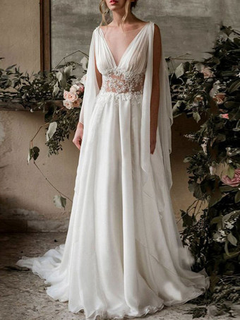 Boho Brautkleider Chiffon A-Linie- Brautkleider Weiß mit Schleppe Hochzeit natürliche Taillenlinie V-Ausschnitt ärmellos 30cm Hochzeitskleider
