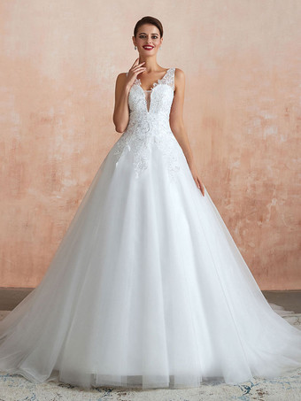 Robe de mariée trapèze blanche en tulle col V dos transparent à traîne robe de mariage