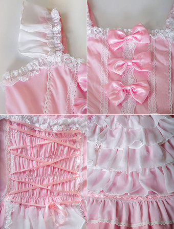スイートロリータドレス ピンクリボンフリルレイヤードパフィードレス ノースリーブキャミソールプリンセスドレス