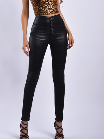 Leggings femininas pretas de couro PU como leggings skinny com botão de cintura alta