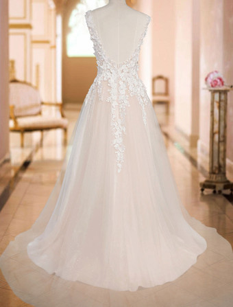 ウェディングドレス 2025 チュール 深いvネック Aライン ノースリーブ 多層 チュール レースアップリケ クラシックブライダルガウントレーン付き