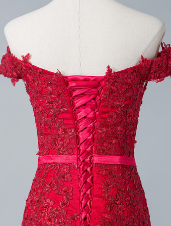 イブニングドレス ノースリーブ マーメイドライン オフショルダー パーティードレス 弾性シルクライクサテン レースアップ ダークグリーン トレーン付き フォーマルドレス 演奏会ドレス 結婚式 二次会ドレス 発表会 ウェディング