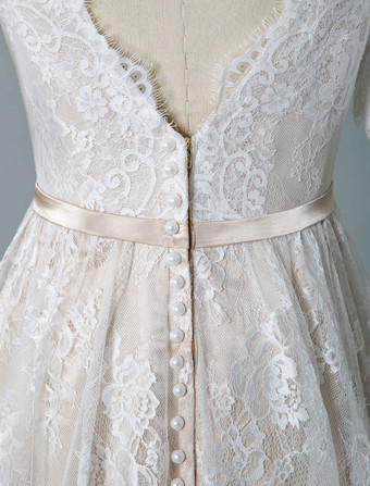 レース ウェディングドレス シャンパン ウェディングドレス Aライン 二次会 披露宴 結婚式 Vネック レース ブライダル 花嫁 半袖 スウィープトレーン ウェディング ナチュラルウェストライン バックレス サッシュ ガーデン ビーチ オーダーメイドも可能