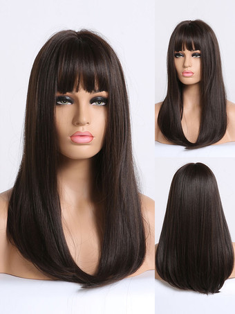 Long Wig For Woman Brownish Black Straight Rayon Casual Layered Long Synthetic Wigs