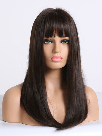 女性用ロングウィッグブラウンブラックストレートレーヨンカジュアルレイヤードロング合成ウィッグ
