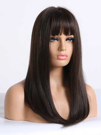 女性用ロングウィッグブラウンブラックストレートレーヨンカジュアルレイヤードロング合成ウィッグ
