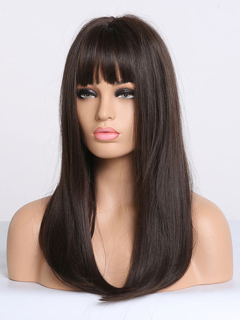 女性用ロングウィッグブラウンブラックストレートレーヨンカジュアルレイヤードロング合成ウィッグ