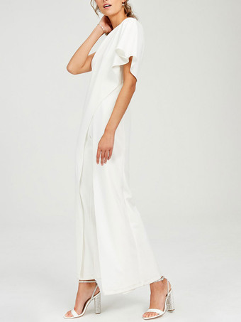 シンプルなウェディングジャンプスーツ アイボリー ワンショルダー キュロット ブライダルドレス